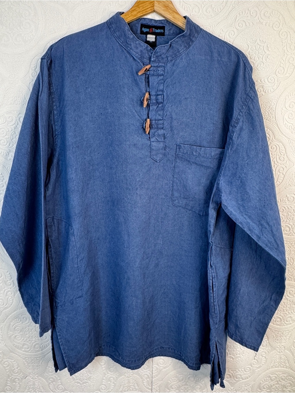 Agan Traders sz XL Long Sleeves Boho Tunic Top Dress Blue Cotton Wood Buttons